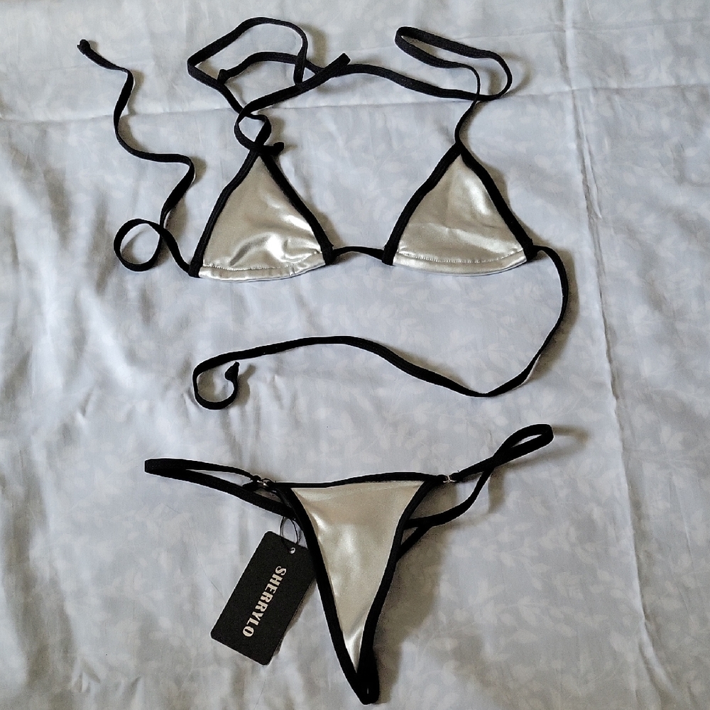 Silver and Black Thong Bikini Set